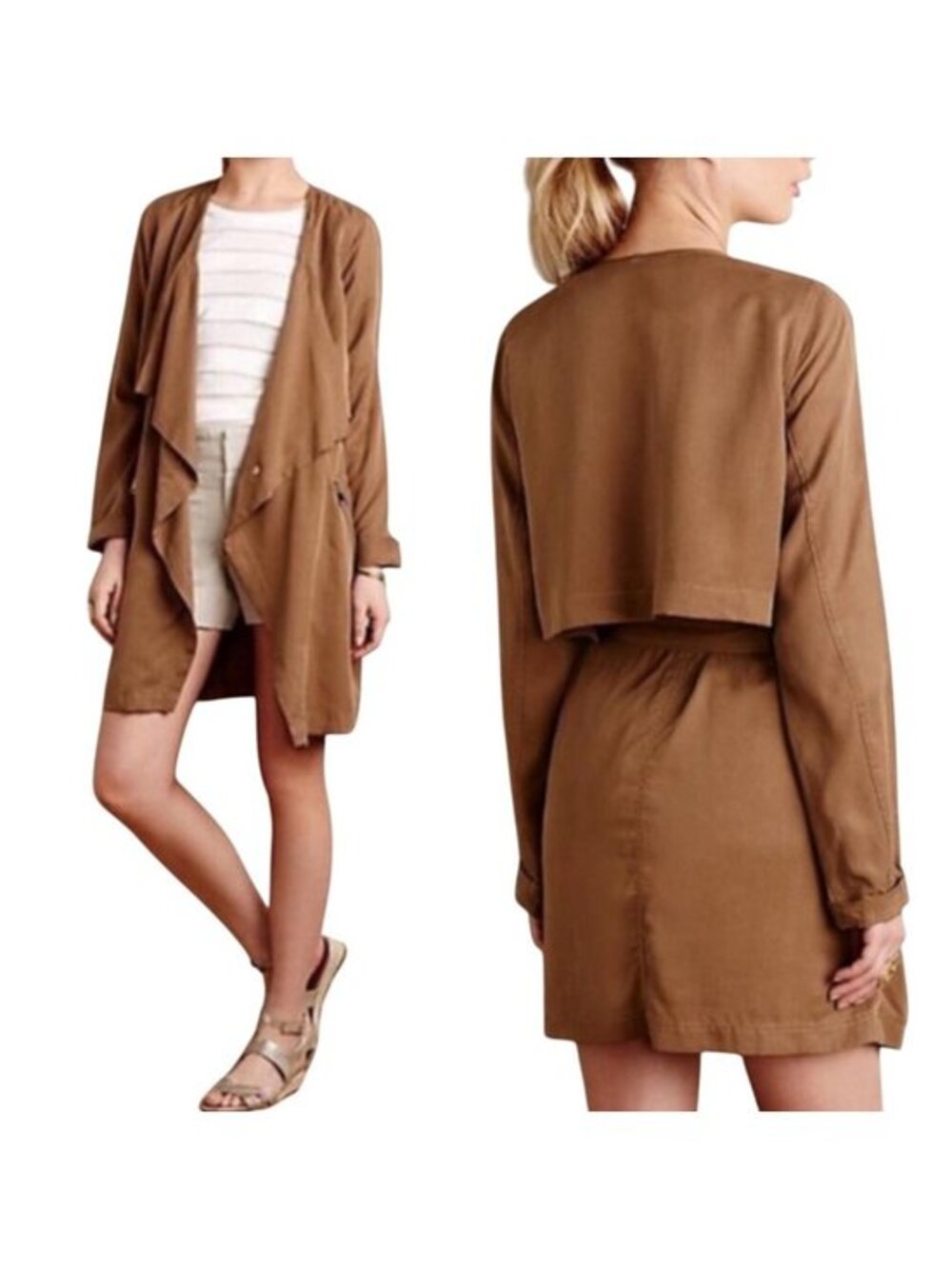 Anthropologie Cartonnier Draped Belted Dress Trench Coat in Copper Brown Size XS